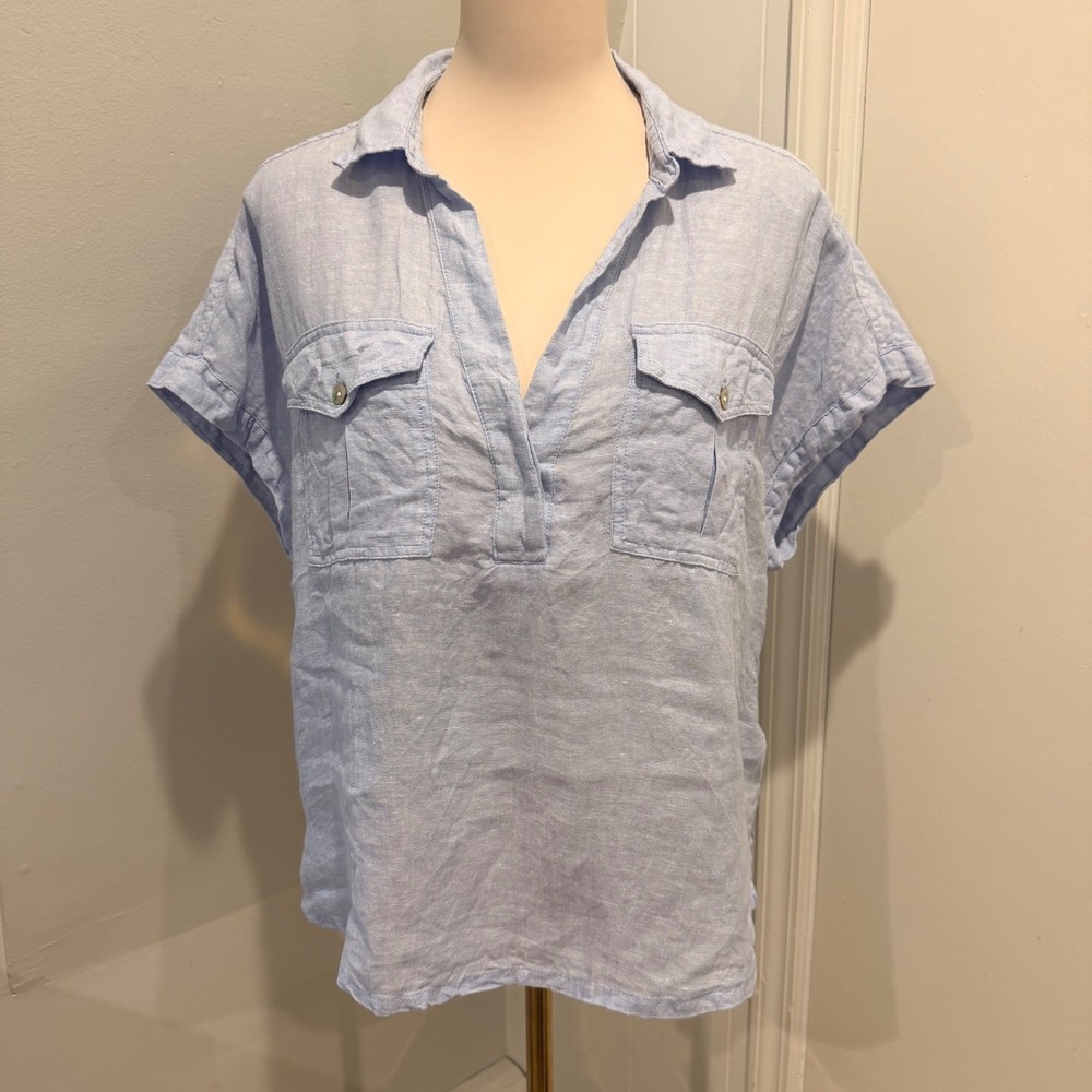 Nicole Miller Light Blue Short Sleeve Linen Top Pullover V-Neck Blouse | Size L